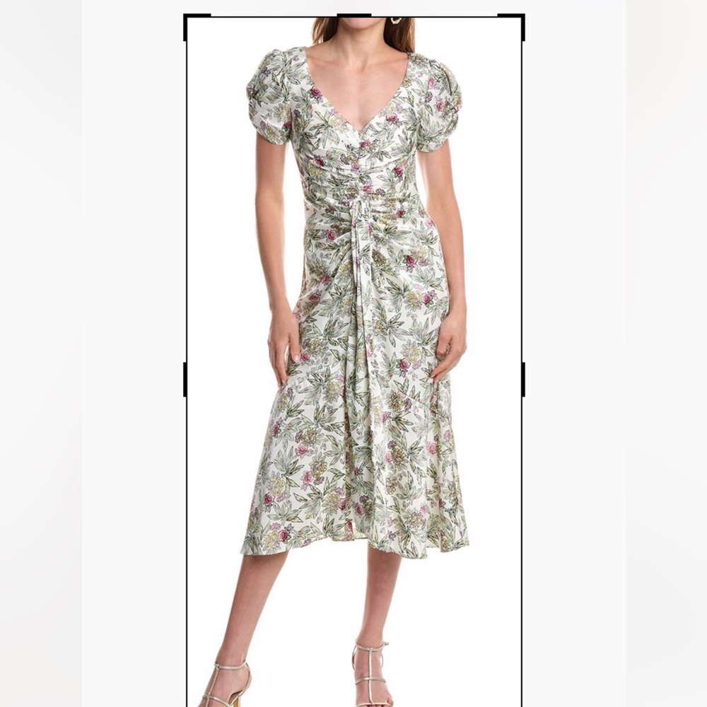 cinq a sept Floral Midi Dress in Green and Pink